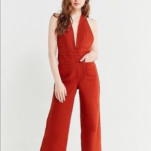 UO Eleanor Plunging Denim Jumpsuit (rust).